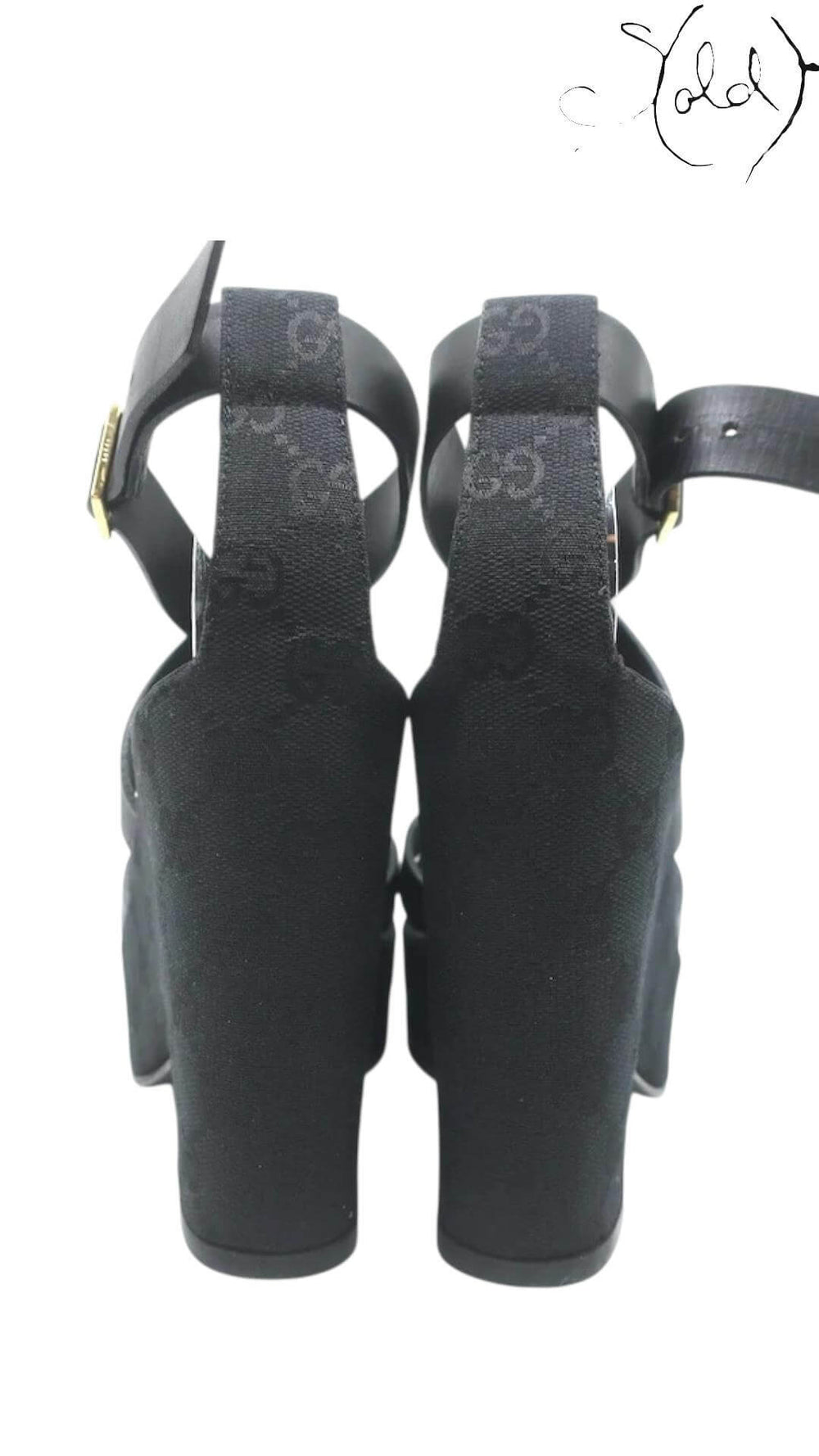 GUCCI GG Monogram Platform Wedge Sandals – Black Leather Icon, Hardware detail | Sold Attire