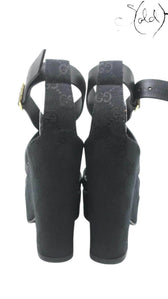 GUCCI GG Monogram Platform Wedge Sandals – Black Leather Icon, Hardware detail | Sold Attire
