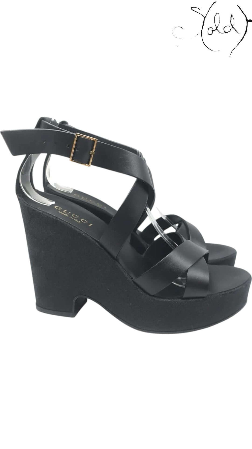 GUCCI GG Monogram Platform Wedge Sandals – Black Leather Icon, Detail view | Sold Attire