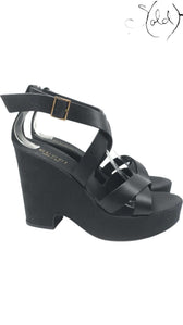 GUCCI GG Monogram Platform Wedge Sandals – Black Leather Icon, Detail view | Sold Attire