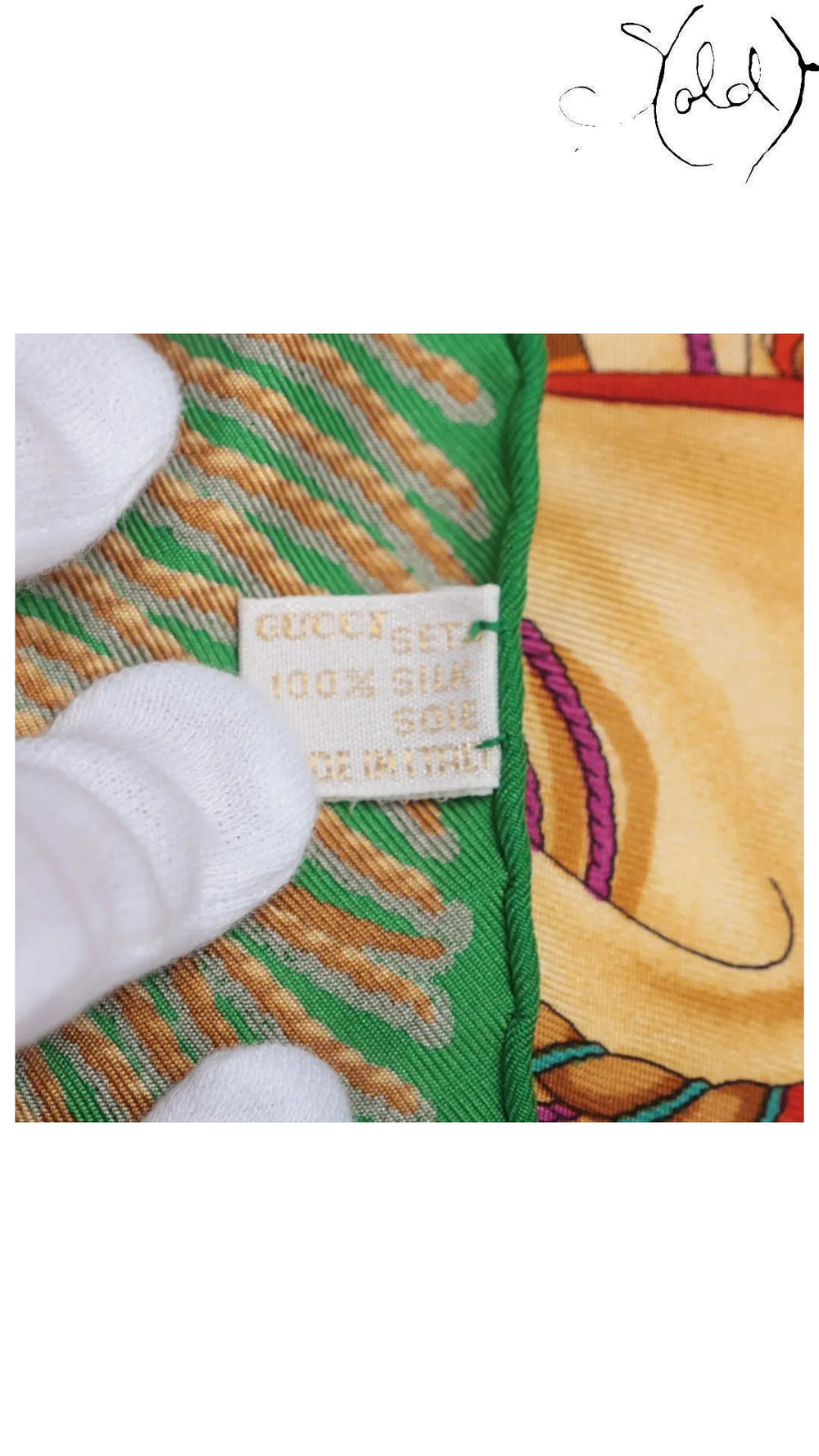 gucci teatro opera green silk scarf, detail view 5