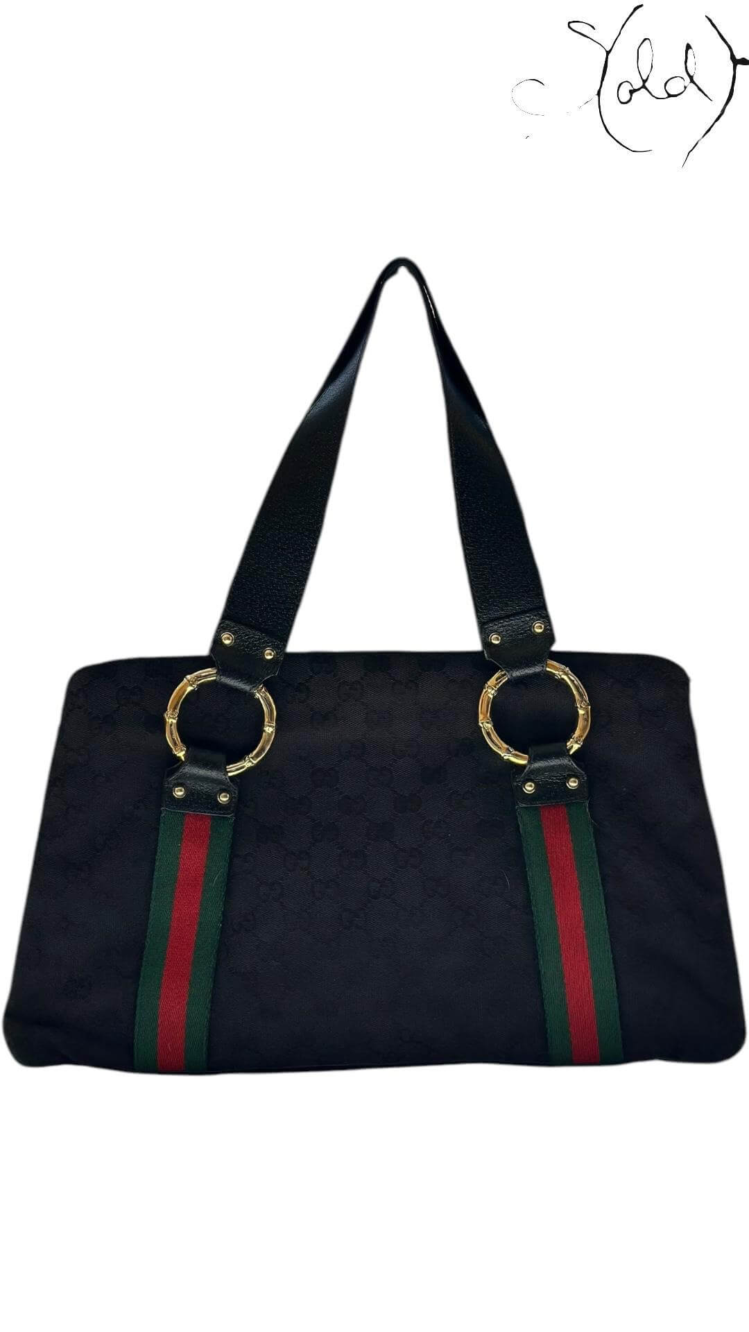 Gucci Vintage Monogram Web Handbag Black GG Canvas Leather Early