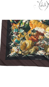 Sold Attire pre-owned Hermes Carre 90 Gibiers silk scarf in black and brown with detailed animal and game print