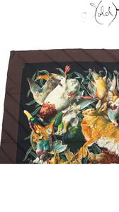 Sold Attire pre-owned Hermes Carre 90 Gibiers silk scarf featuring a detailed black and brown animal hunting print.