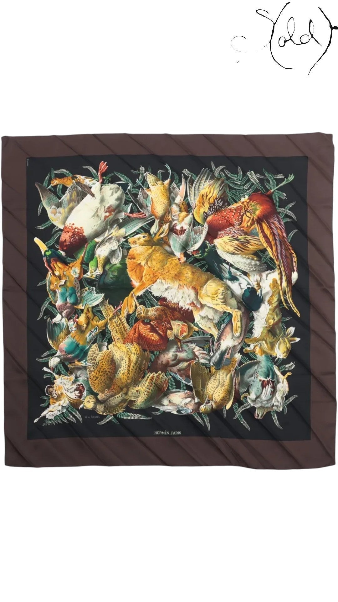Sold Attire pre-owned Hermes Carre 90 Gibiers silk scarf featuring a detailed animal and game print on black and brown