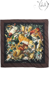 Sold Attire pre-owned Hermes Carre 90 Gibiers silk scarf featuring a detailed animal and game print on black and brown
