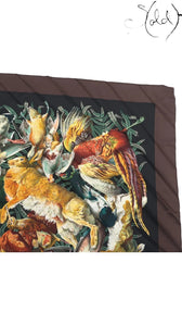 Sold Attire Hermes Carre 90 Gibiers silk scarf in black and brown with detailed animal and game hunting print.