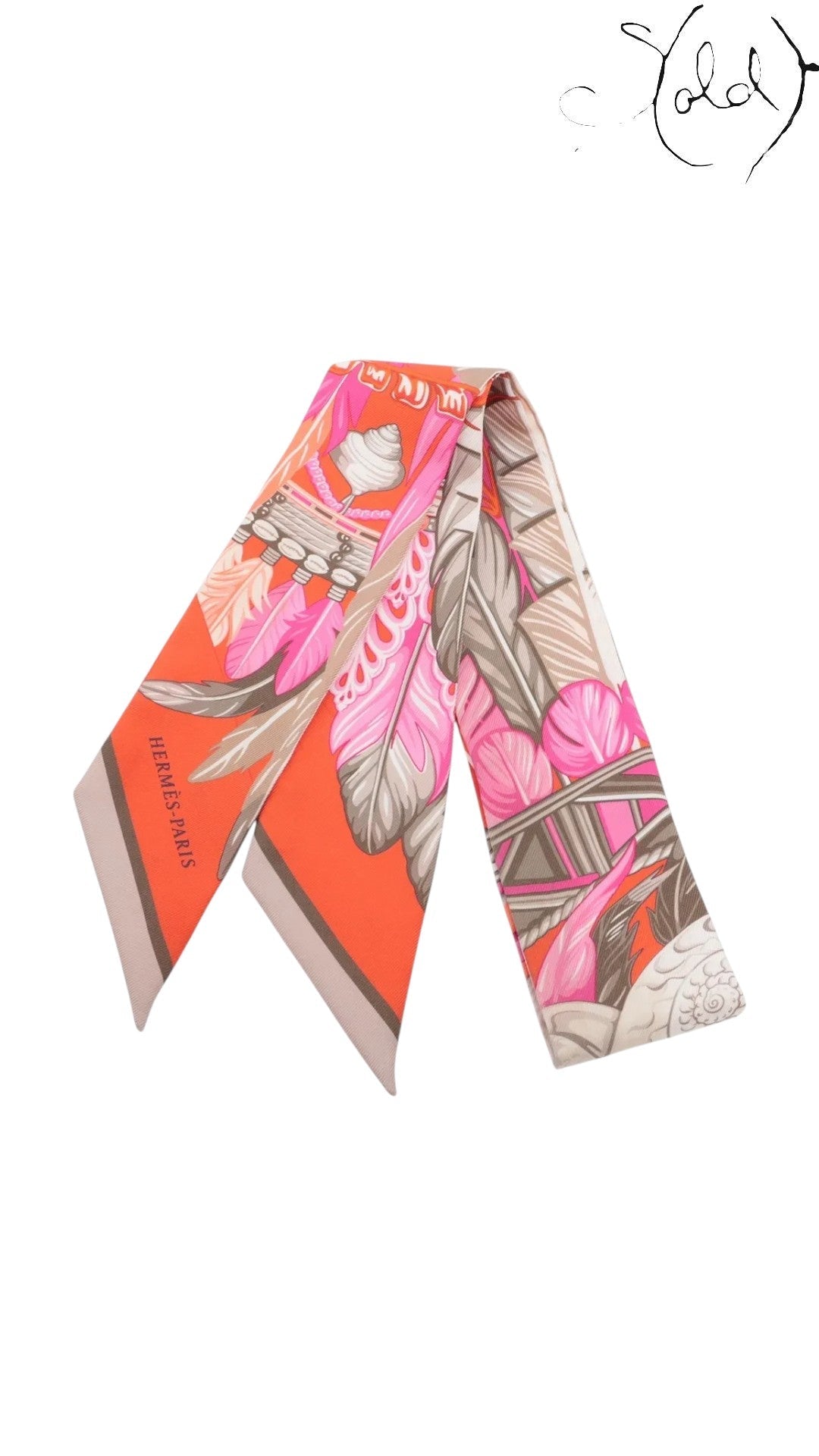 Sold Attire pre-owned Hermes Twilly Danse Pacifique silk ribbon scarf in vibrant pink and orange feather print.