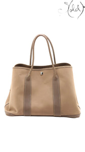 Sold Attire pre-owned Hermes Garden Party 36 PM tote in Etoupe Toile Officier canvas and Negonda leather with silver hardware