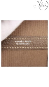 Sold Attire authentic Hermes Paris stamp on Etoupe Negonda leather trim of a Garden Party 36 PM bag