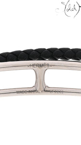 Sold Attire: Black Swift calfskin Hermès Roulis Double Tour bracelet with palladium hardware and engraved logo.