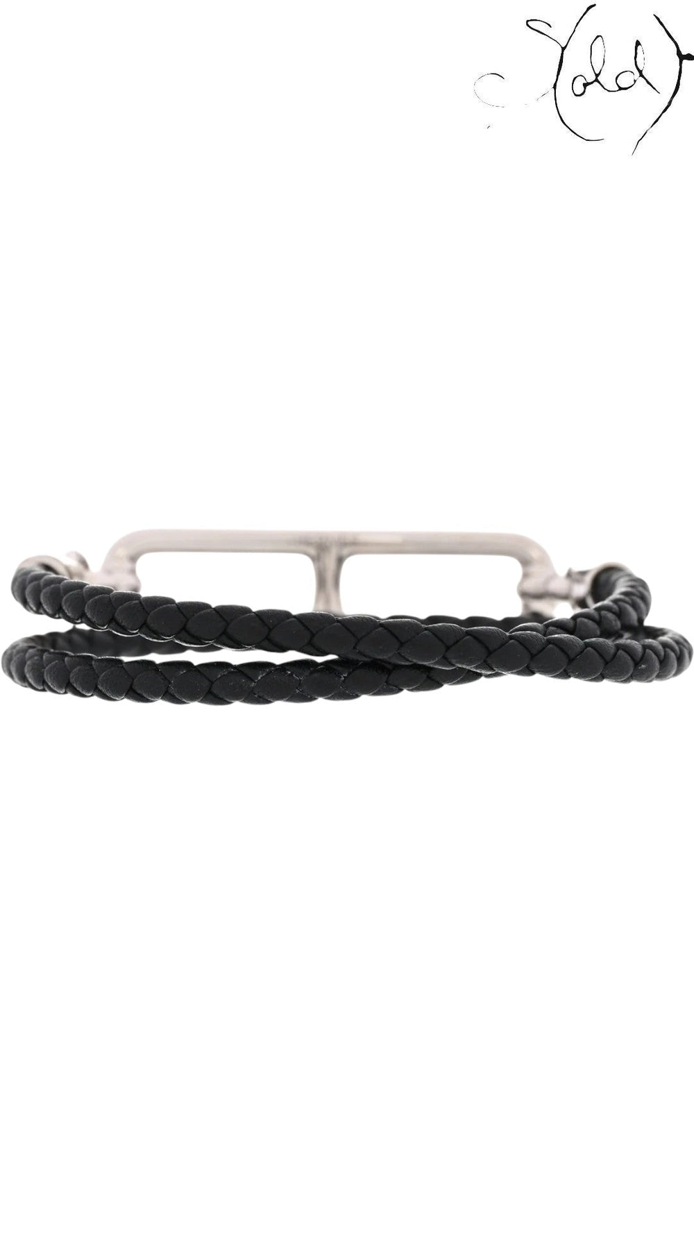 Sold Attire: Hermès Roulis Double Tour bracelet in black swift calfskin with palladium hardware. Wraps twice around the wrist.