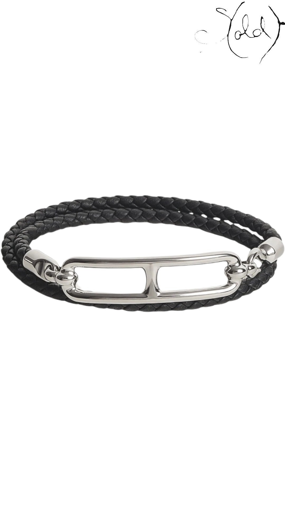 Sold Attire: Black Swift calfskin Hermès Roulis Double Tour bracelet with palladium hardware, wraps twice around the wrist.