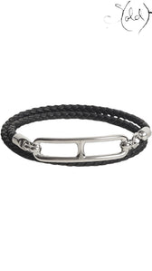 Sold Attire: Black Swift calfskin Hermès Roulis Double Tour bracelet with palladium hardware, wraps twice around the wrist.