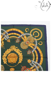 Hermes Carre 90 Kosmima Navy Khaki Silk Scarf — detail view 3