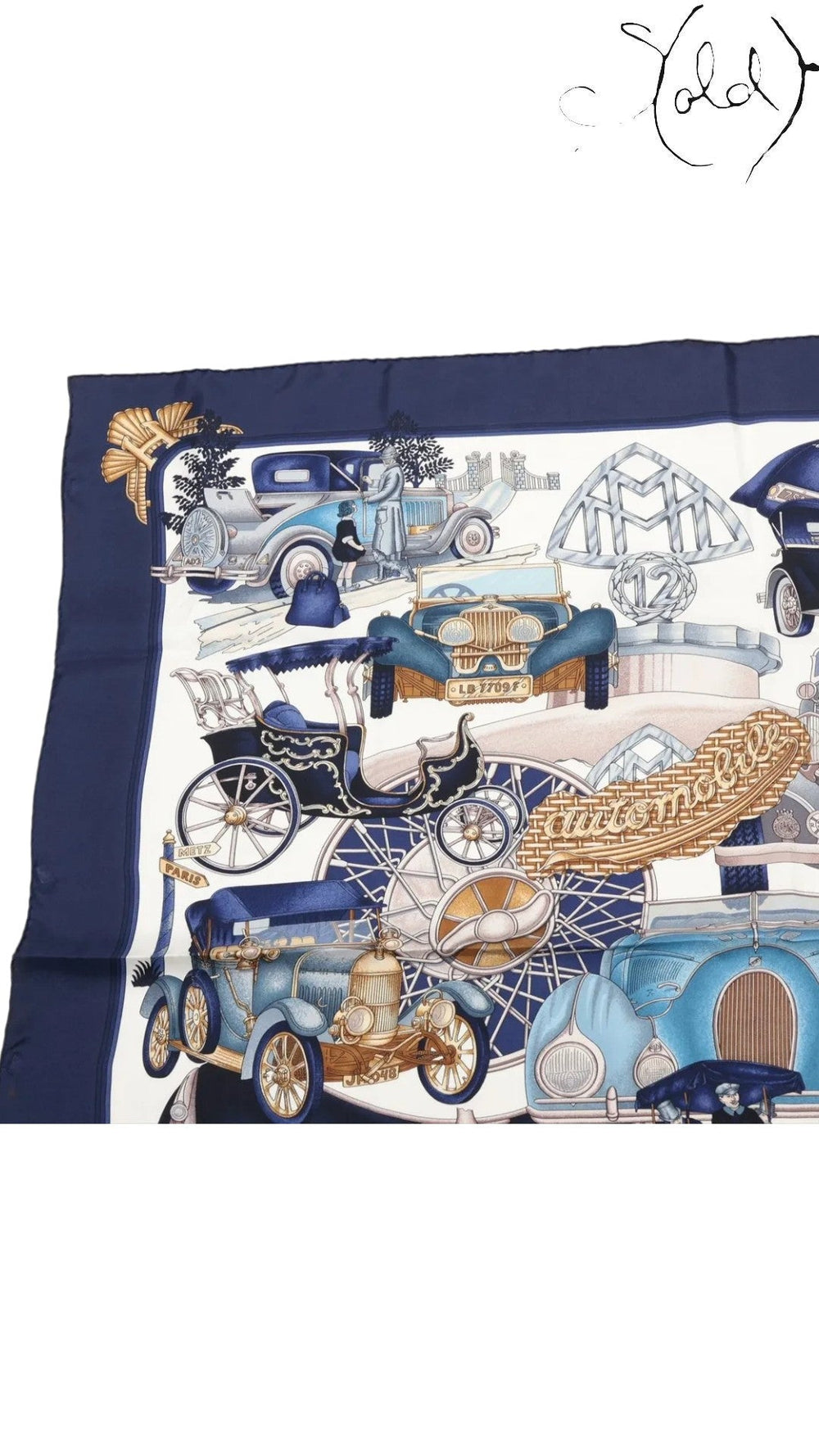 Sold Attire vintage Hermes Carre 90 silk scarf in navy blue featuring detailed classic car illustrations and motifs.