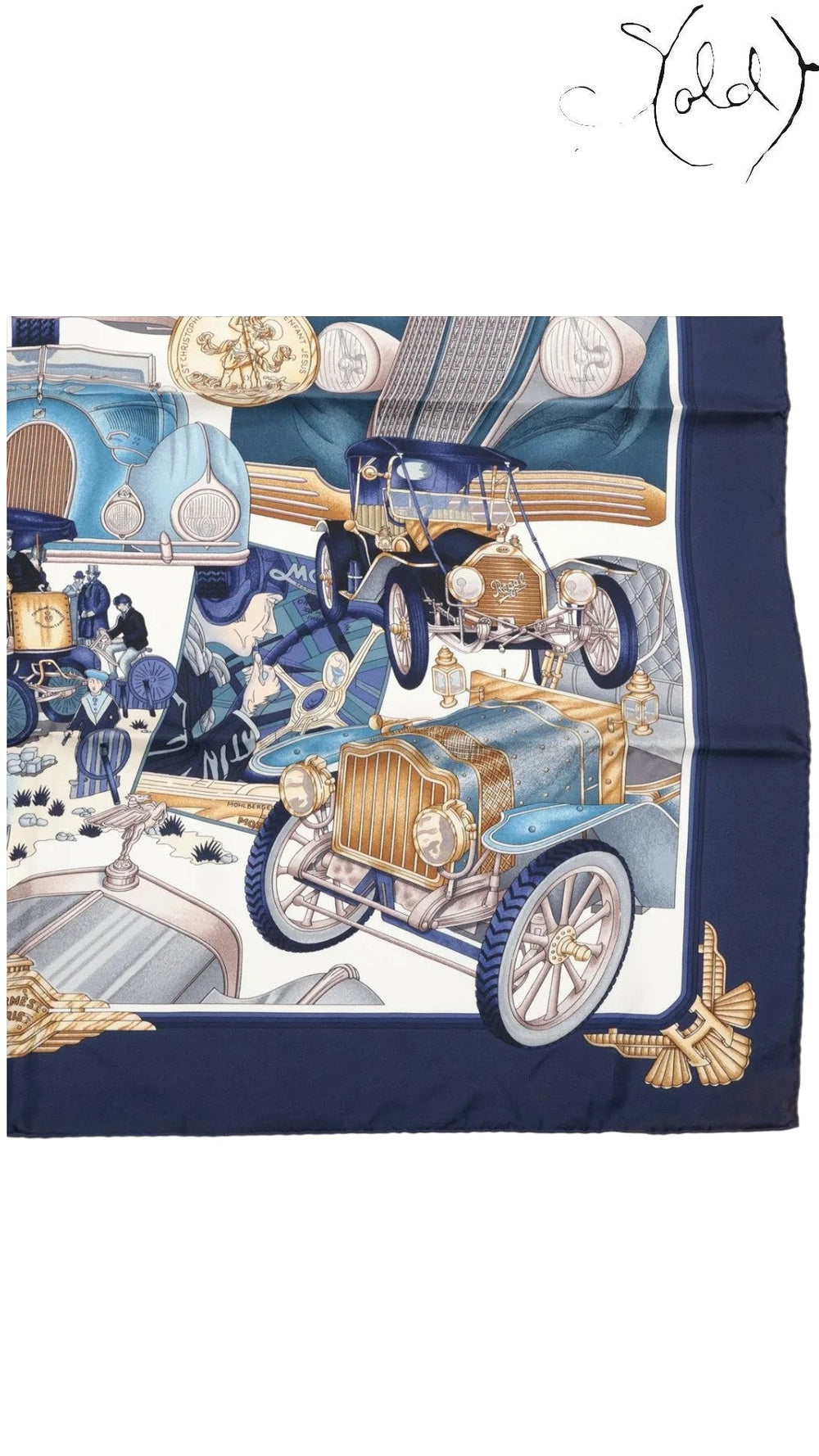 Sold Attire Hermes Carre 90 Automobiles navy silk scarf featuring vintage car illustrations and hand-rolled edges.