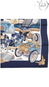 Sold Attire Hermes Carre 90 Automobiles navy silk scarf featuring vintage car illustrations and hand-rolled edges.
