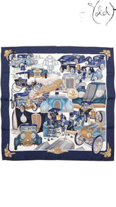 Sold Attire vintage Hermes Carre 90 Automobiles silk scarf in navy blue with classic car print and hand-rolled edges.