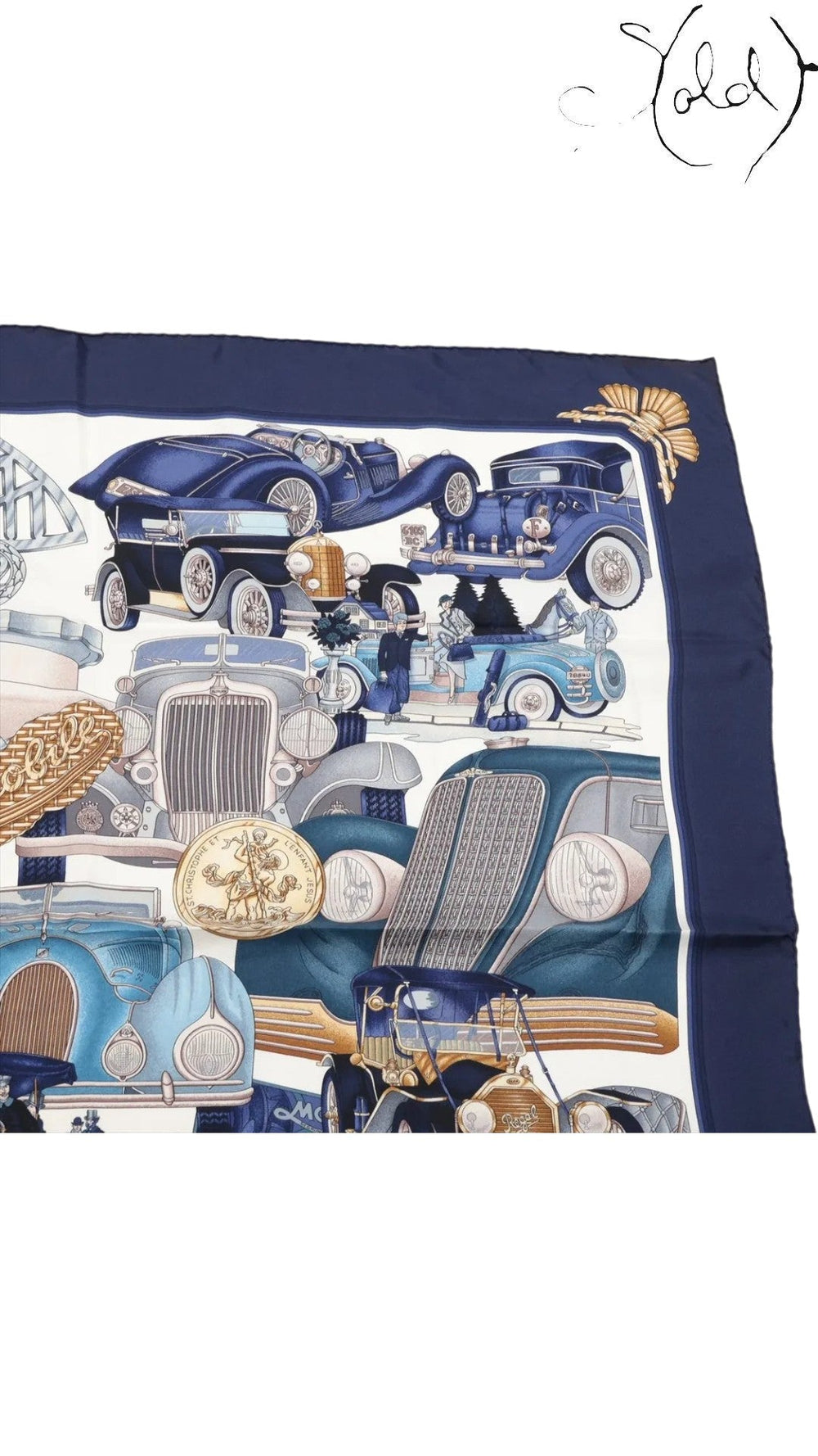 Sold Attire vintage Hermes Carre 90 silk scarf in navy blue featuring a detailed classic automobile print design.