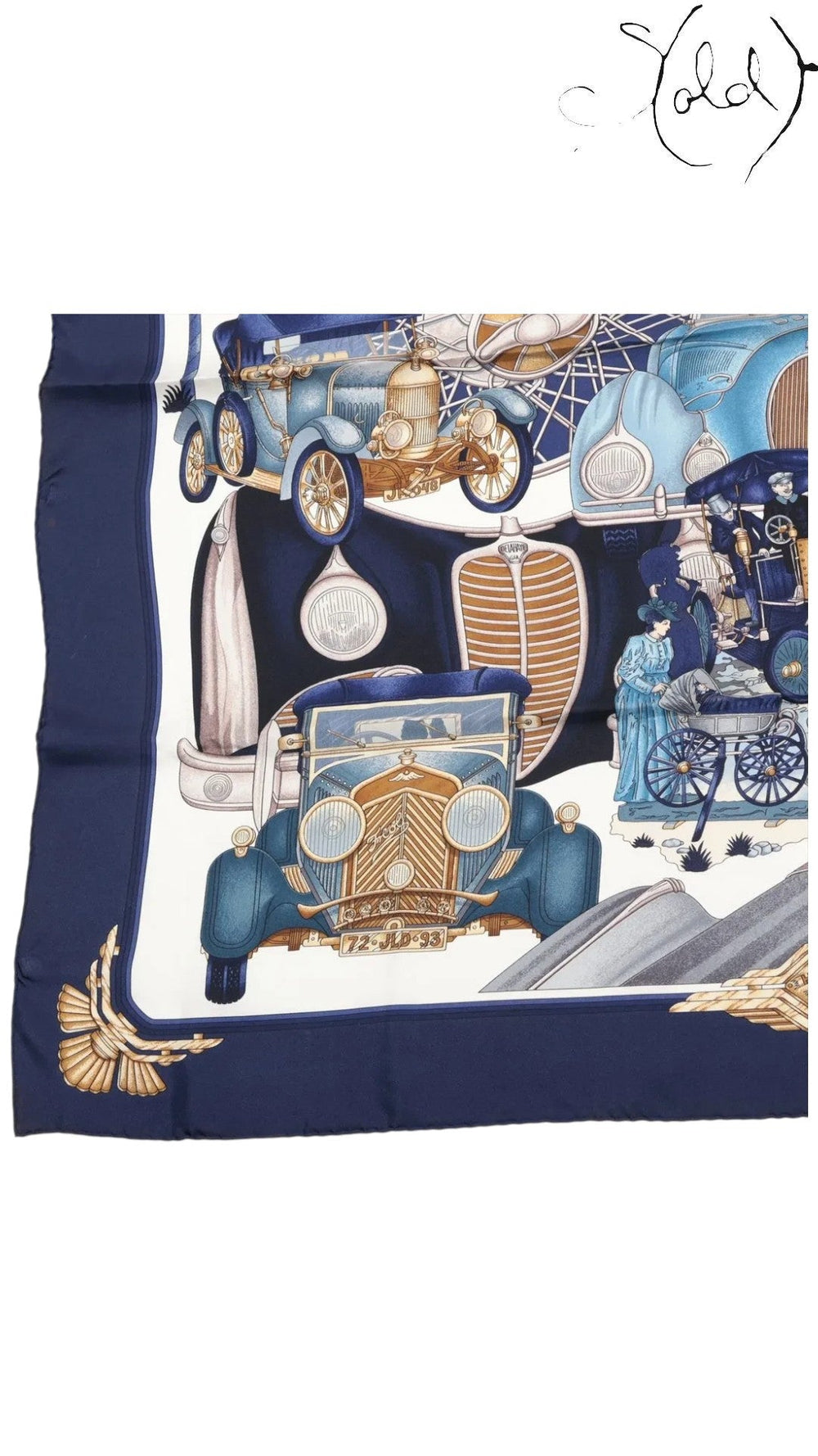 Sold Attire vintage Hermes Automobiles silk scarf in navy blue with detailed classic car illustrations and hand-rolled edges