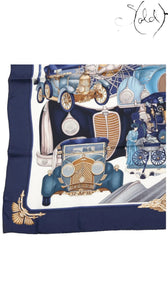 Sold Attire vintage Hermes Automobiles silk scarf in navy blue with detailed classic car illustrations and hand-rolled edges