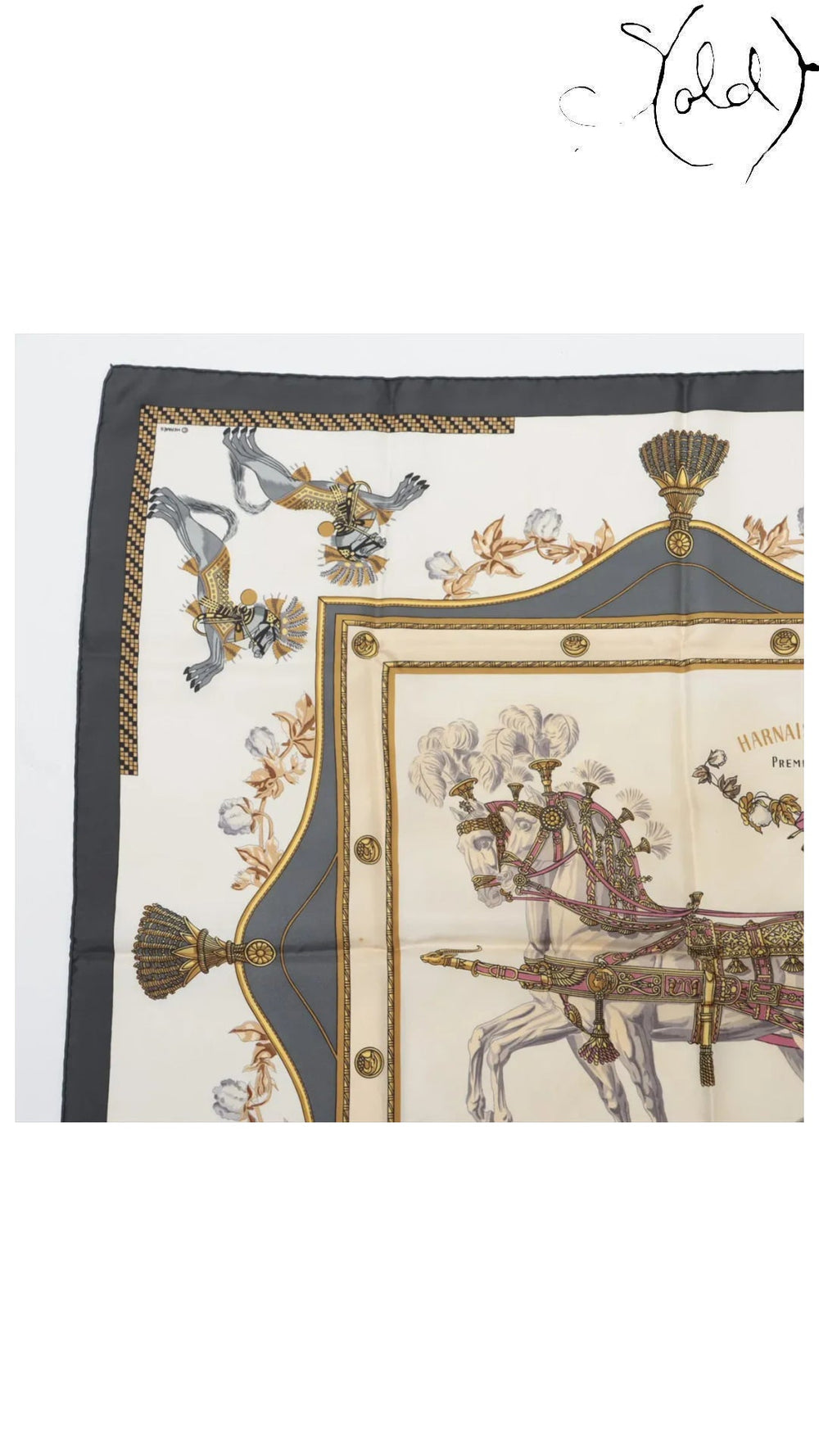 Hermes Carre 90 Harnais Francais Grey Silk Scarf — detail view 2