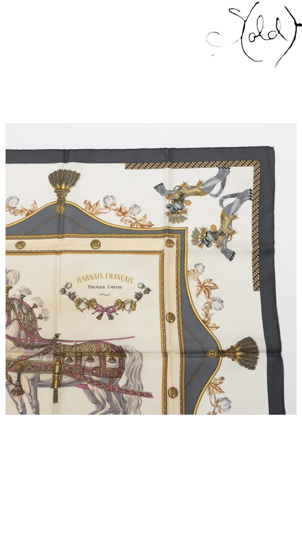 Hermes Carre 90 Harnais Francais Grey Silk Scarf — detail view 3