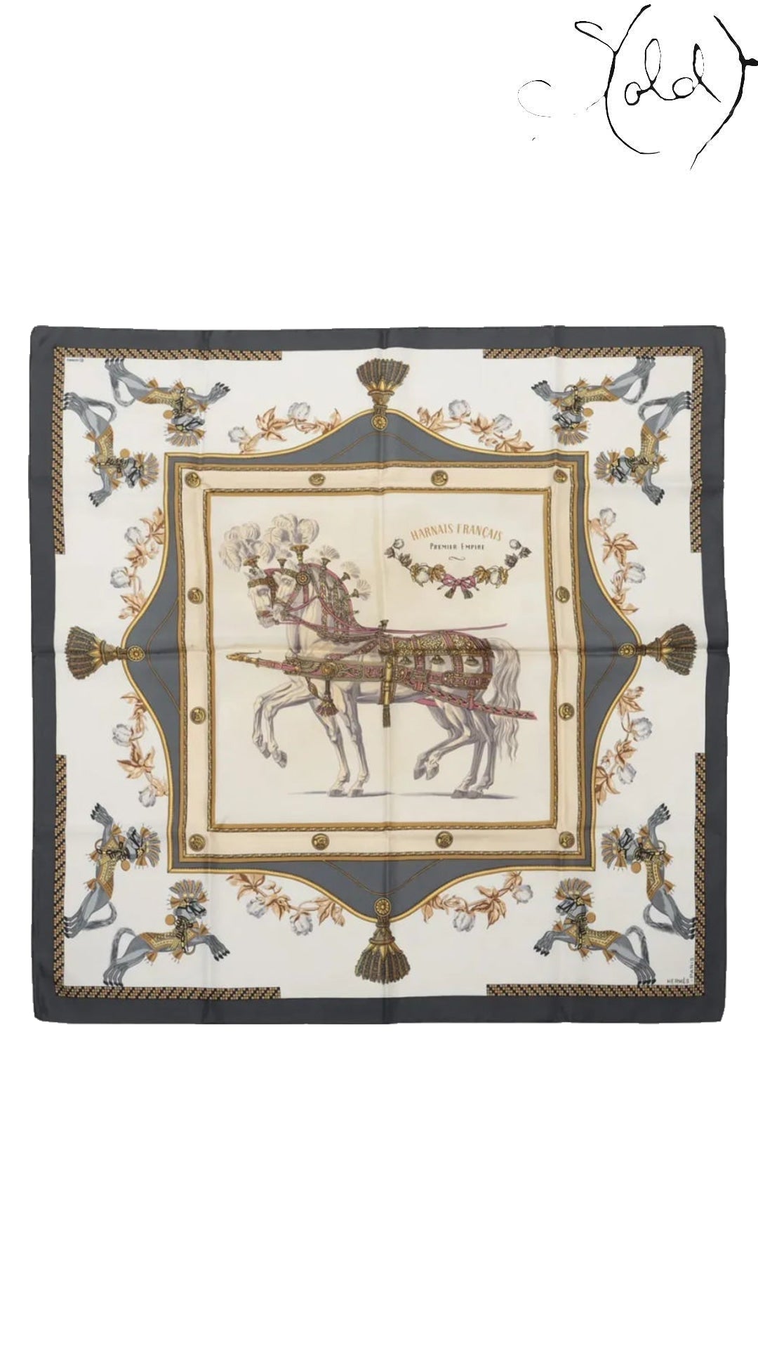 Hermes Carre 90 Harnais Francais Grey Silk Scarf - full view