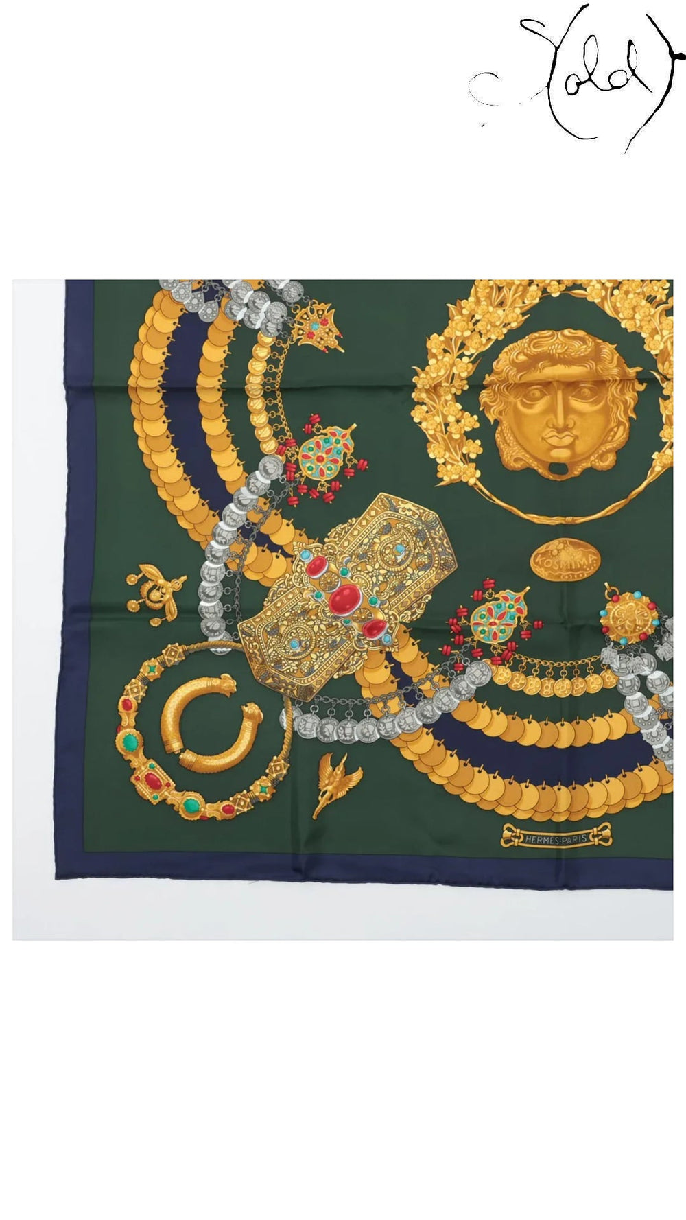 Hermes Carre 90 Kosmima Navy Khaki Silk Scarf — detail view 5