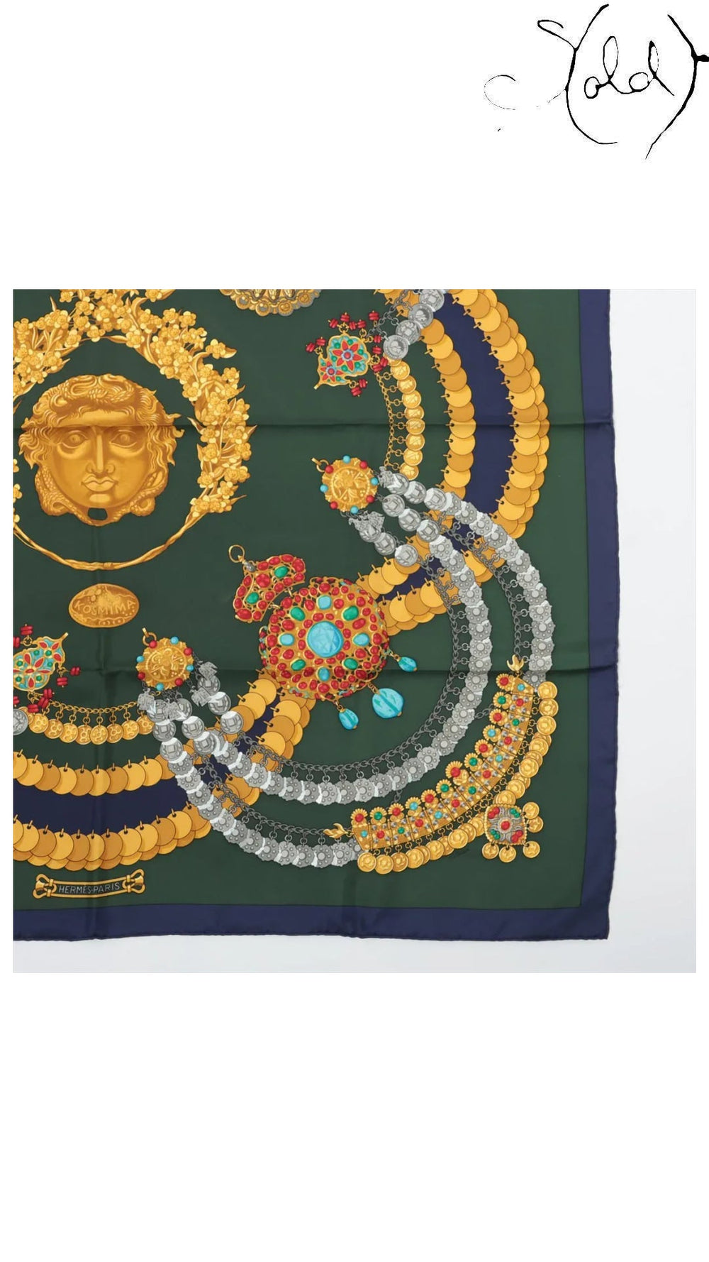Hermes Carre 90 Kosmima Navy Khaki Silk Scarf — detail view 4