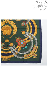 Hermes Carre 90 Kosmima Navy Khaki Silk Scarf — detail view 4