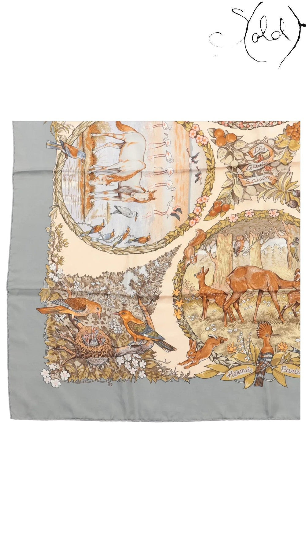 Sold Attire Hermes Les Quatre Saisons silk scarf featuring detailed animal and seasonal illustrations on a grey border.