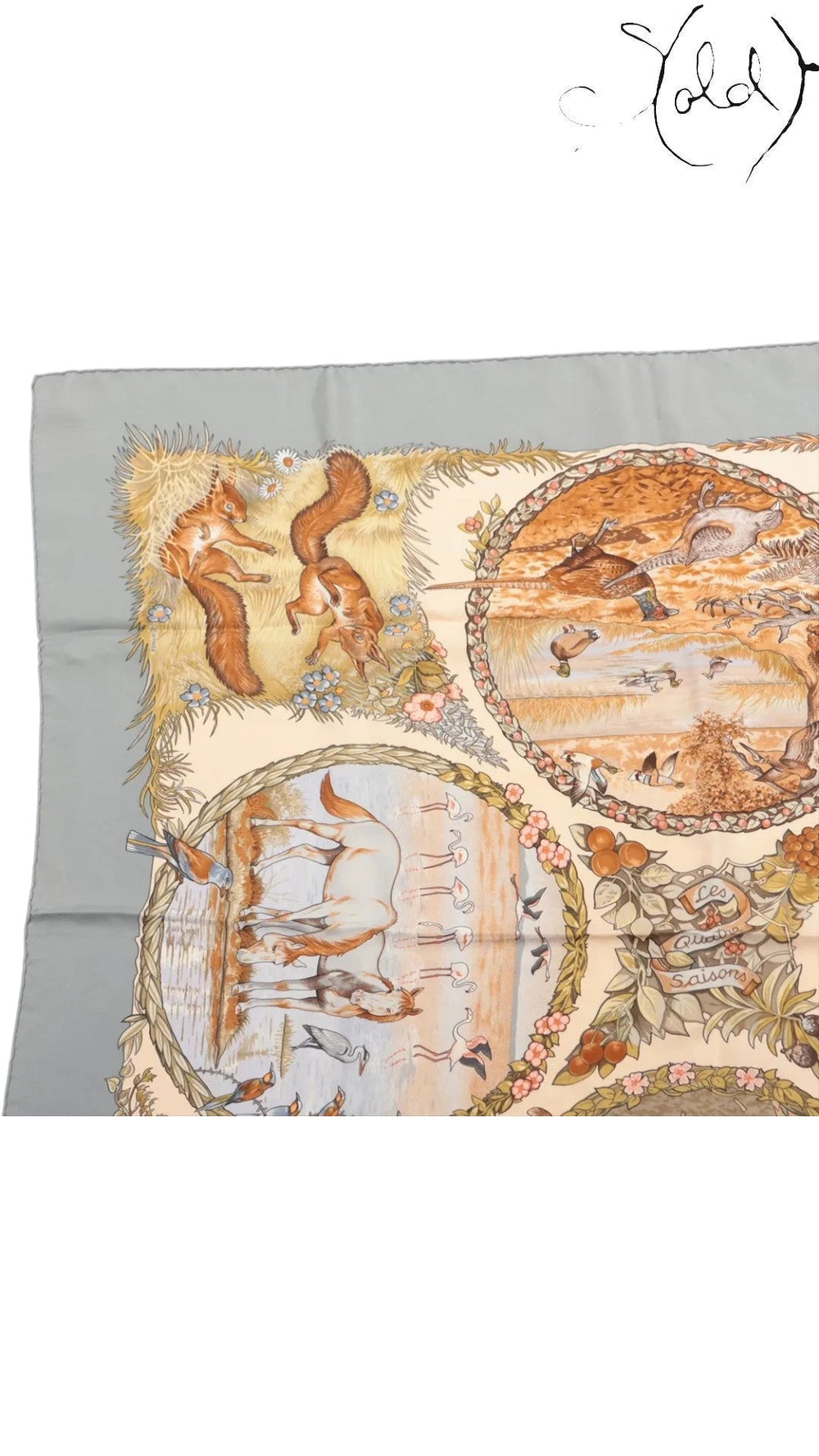 Sold Attire vintage Hermes Carre 90 Les Quatre Saisons silk scarf featuring detailed seasonal animal illustrations.
