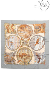 Sold Attire Hermes Les Quatre Saisons grey silk twill scarf featuring seasonal animal illustrations and hand-rolled edges