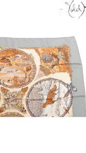 Sold Attire Hermes Les Quatre Saisons silk scarf in grey with detailed seasonal animal illustrations and hand-rolled edges