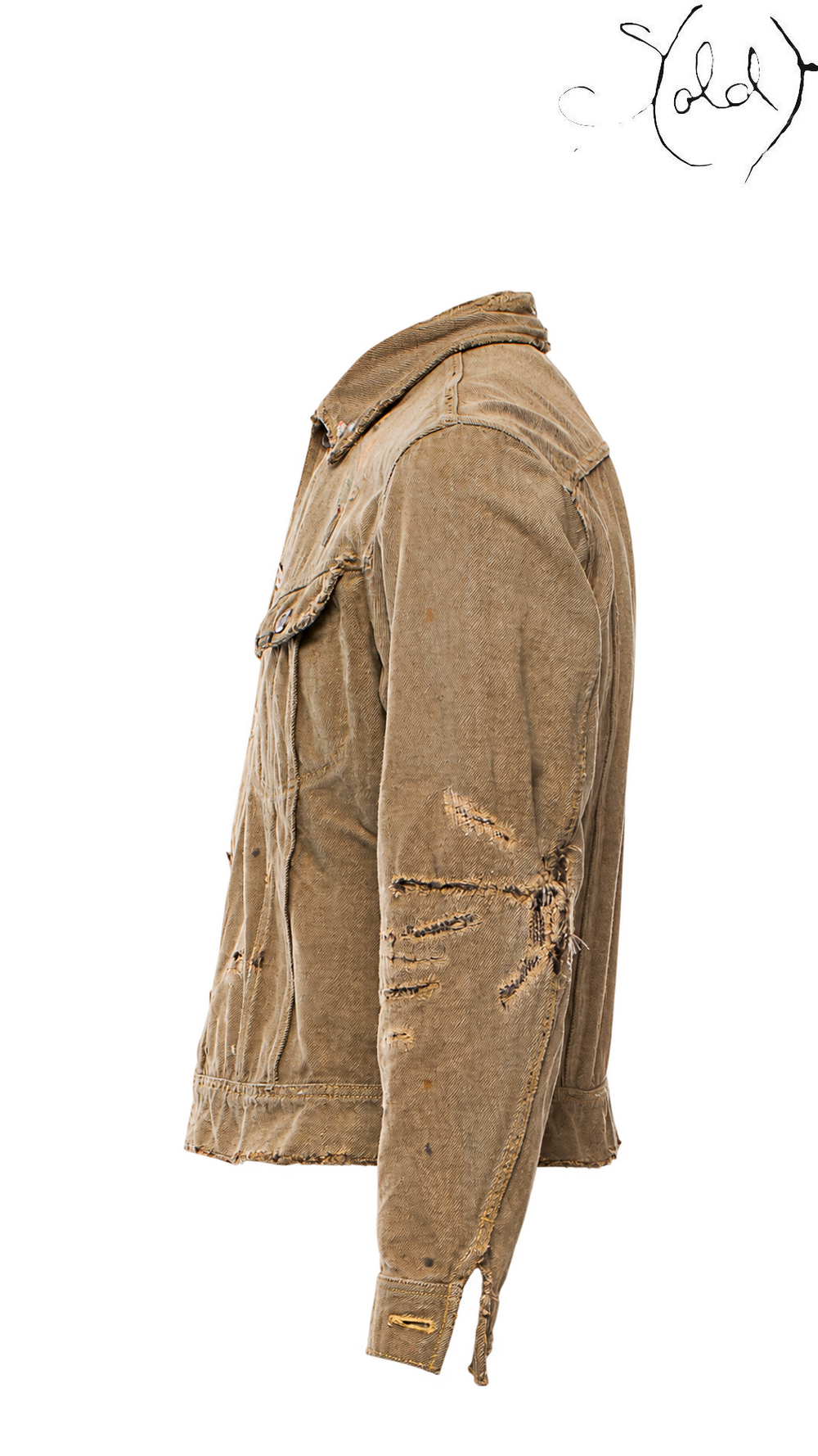 KAPITAL Ochre Embroidered Distressed Denim Jacket 44, side whole jacket