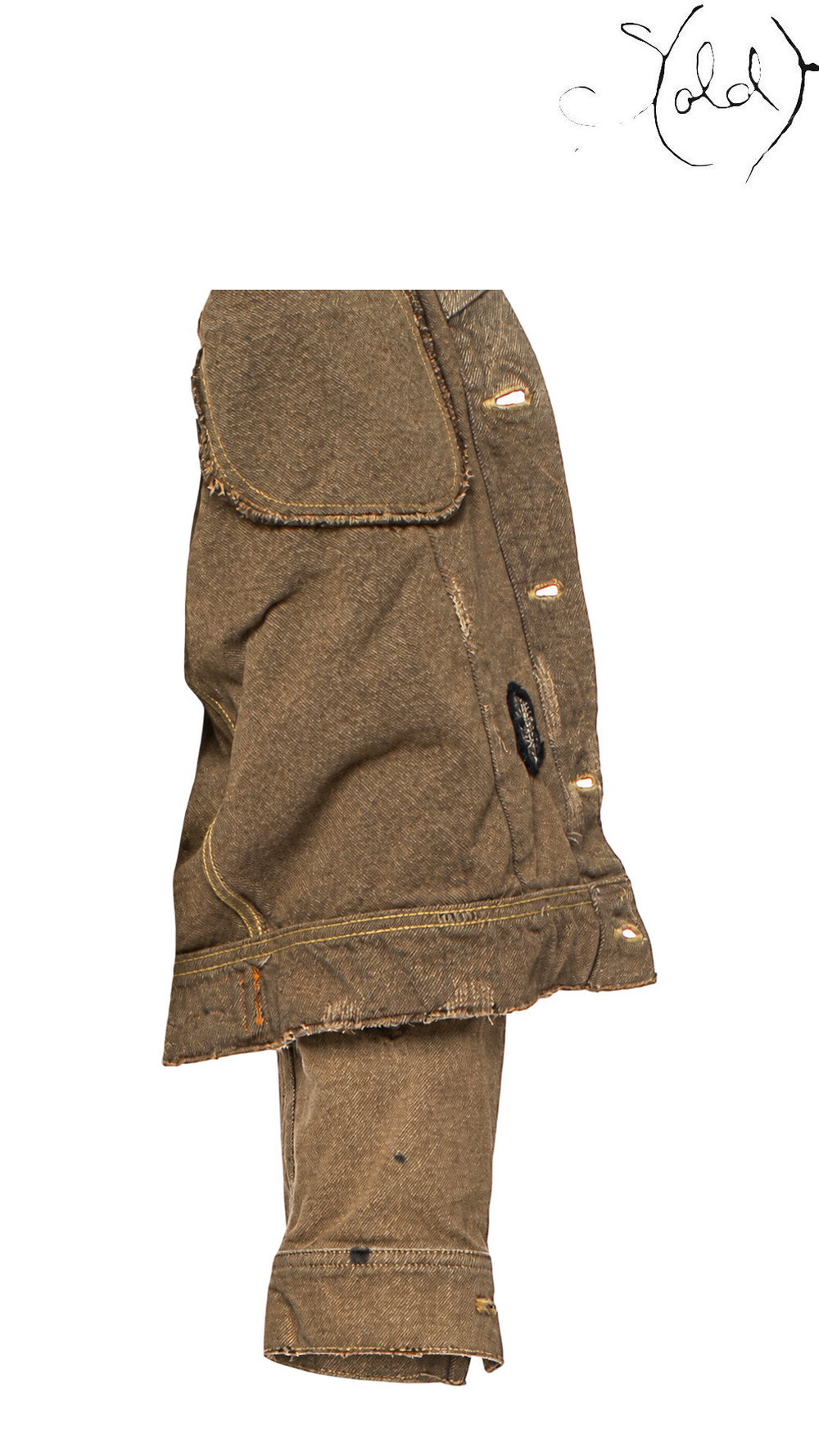 KAPITAL Ochre Embroidered Distressed Denim Jacket 44, inner placket and sleeve detail