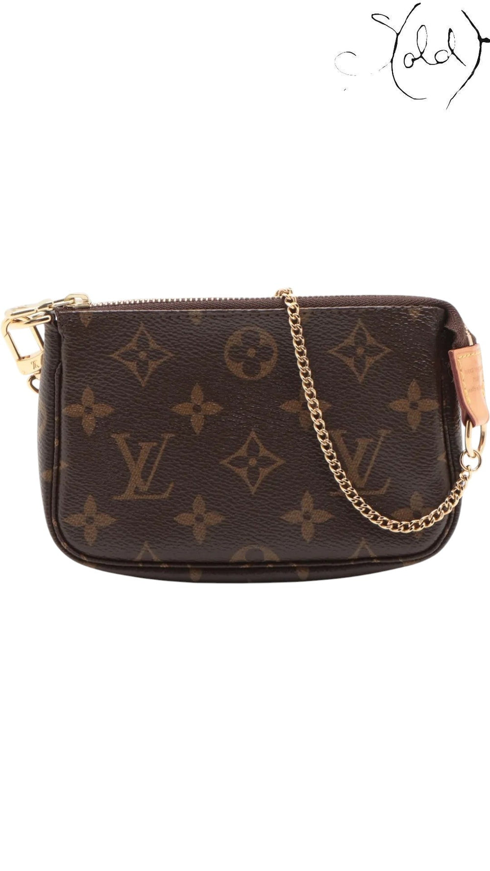Sold Attire Louis Vuitton Monogram Mini Pochette Accessoires in brown coated canvas with brass chain handle and zip top.