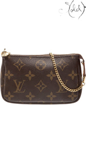 Sold Attire Louis Vuitton Monogram Mini Pochette Accessoires in brown coated canvas with brass chain handle