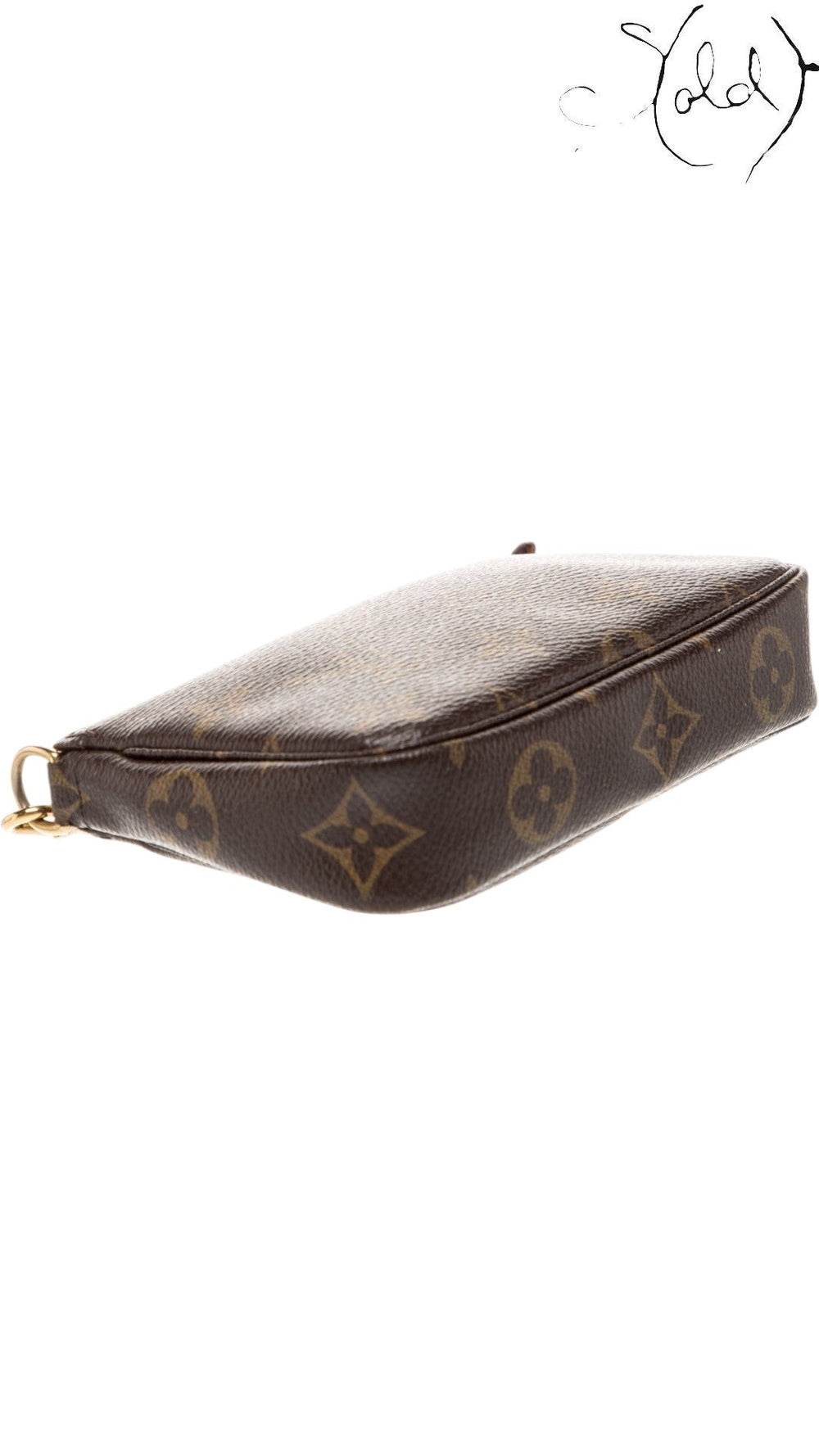 Sold Attire Louis Vuitton Monogram Mini Pochette Accessoires in brown coated canvas, side profile view.