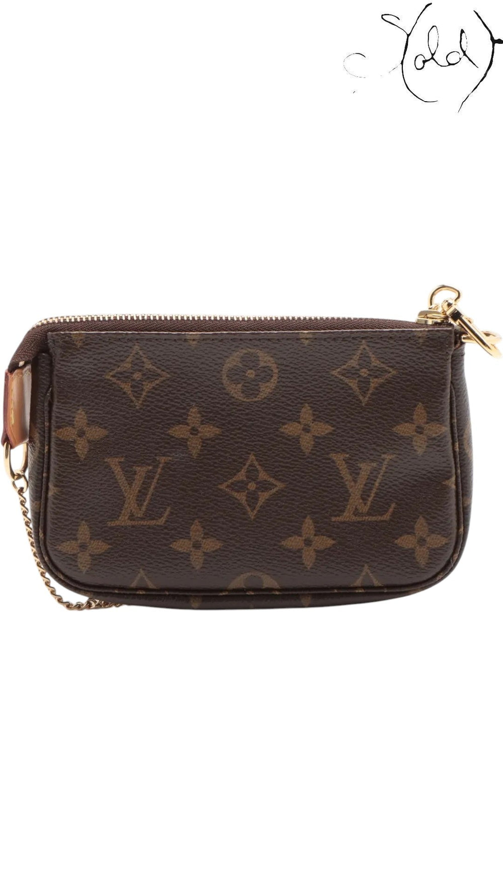 Sold Attire Louis Vuitton Monogram Mini Pochette Accessoires in brown coated canvas with brass chain hardware.