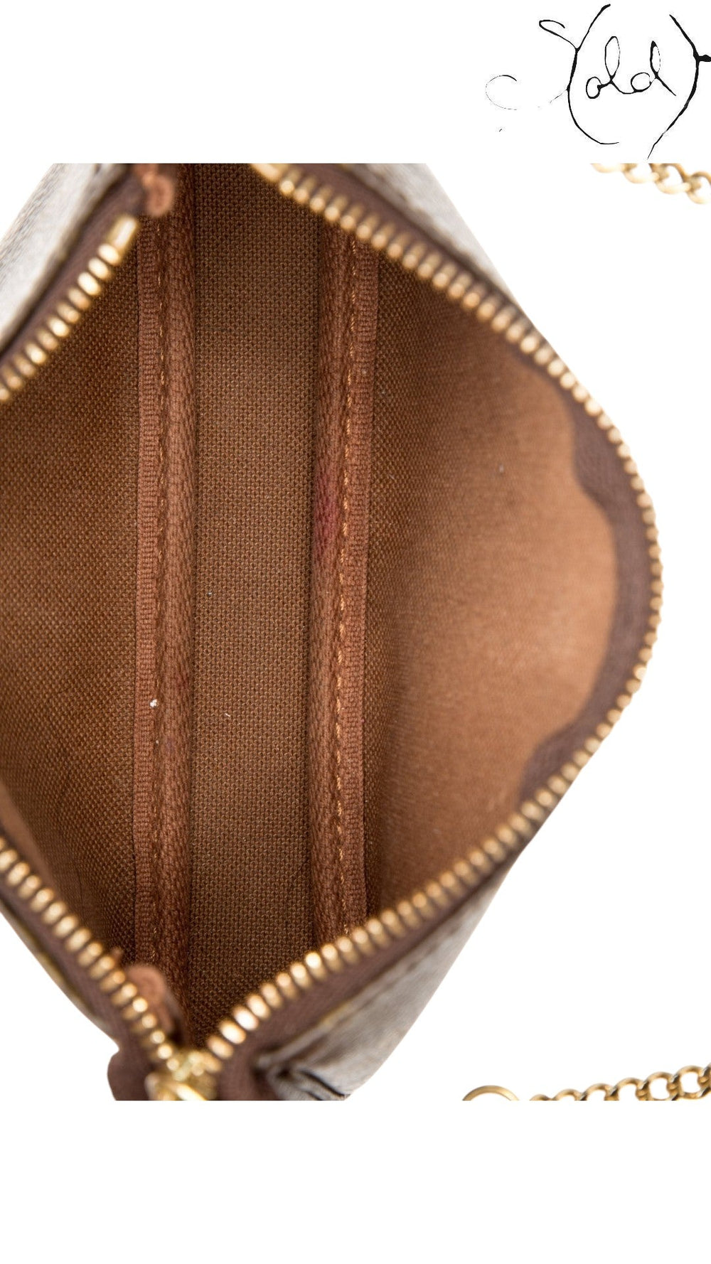 Sold Attire Louis Vuitton Monogram Mini Pochette interior view showing clean brown canvas lining and brass zipper
