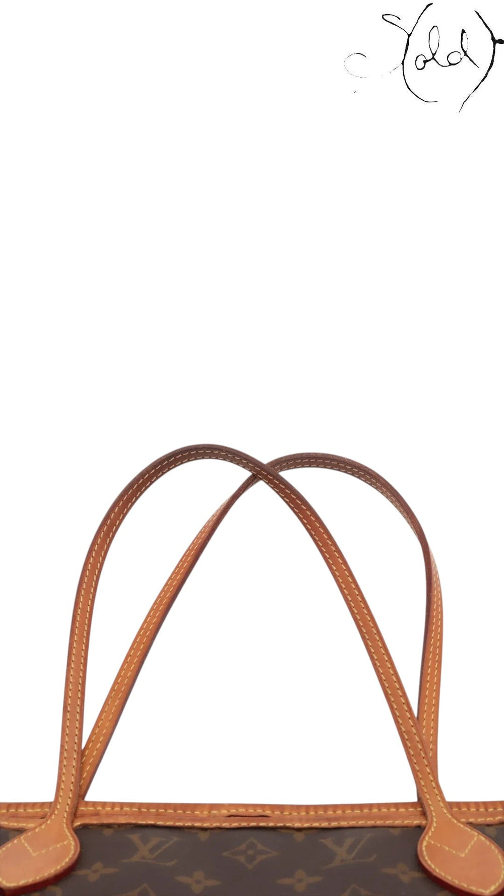 Sold Attire brown Louis Vuitton Monogram Neverfull MM tote bag with vachetta leather trim and handles.