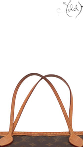 Sold Attire brown Louis Vuitton Monogram Neverfull MM tote bag with vachetta leather trim and handles.