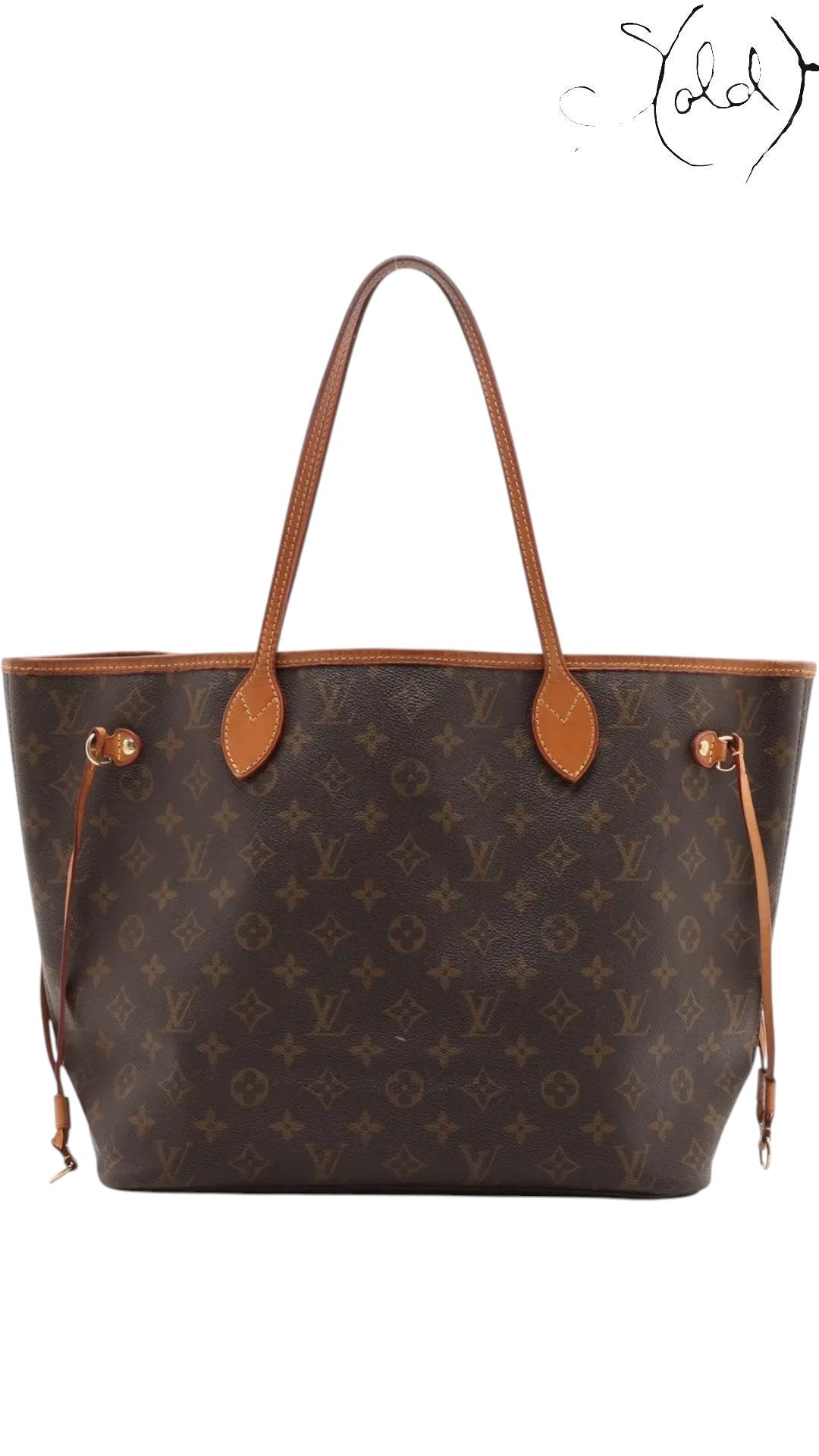 Sold Attire Louis Vuitton Monogram Neverfull MM brown coated canvas tote with vachetta leather trim and gold-tone hardware.