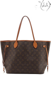 Sold Attire Louis Vuitton Monogram Neverfull MM brown coated canvas tote with vachetta leather trim and gold-tone hardware.