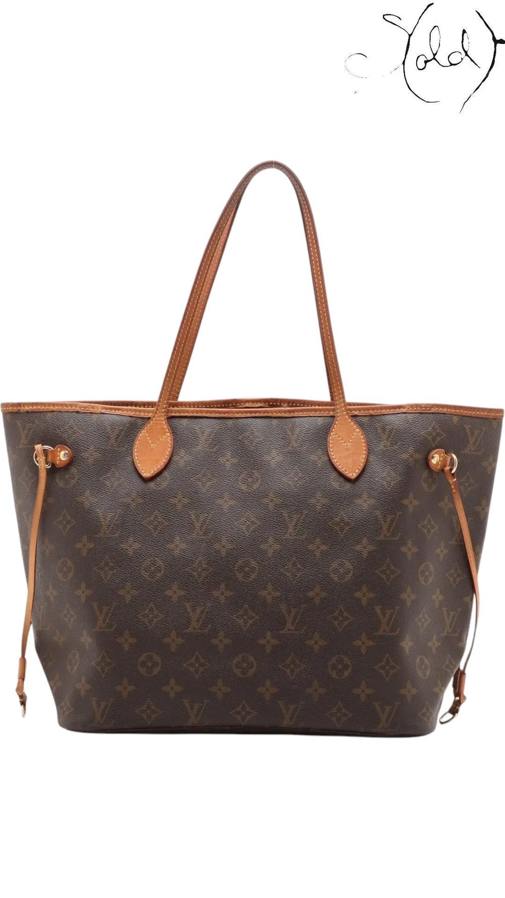 Sold Attire brown Louis Vuitton Monogram Neverfull MM tote bag in coated canvas with vachetta leather trim and gold-tone hardware.