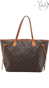 Sold Attire brown Louis Vuitton Monogram Neverfull MM tote bag in coated canvas with vachetta leather trim and gold-tone hardware.