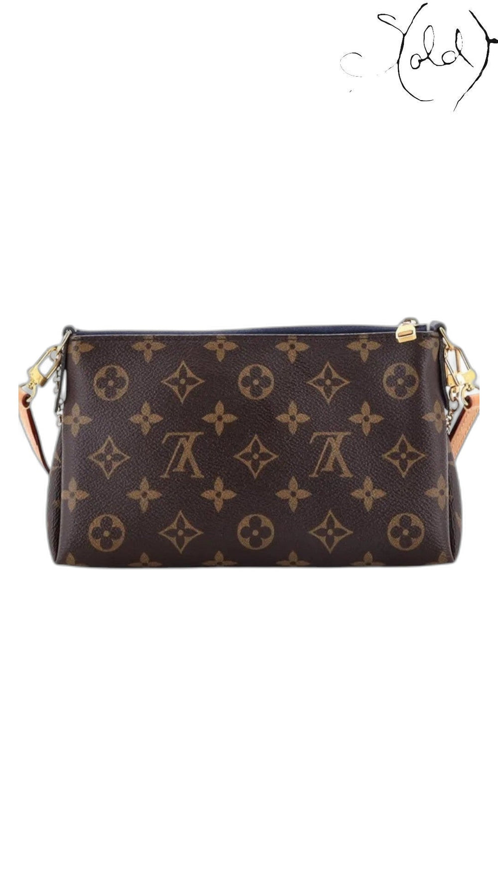 Sold Attire Louis Vuitton Monogram Pallas Clutch in brown coated canvas with Blue Marine leather trim and gold chain.